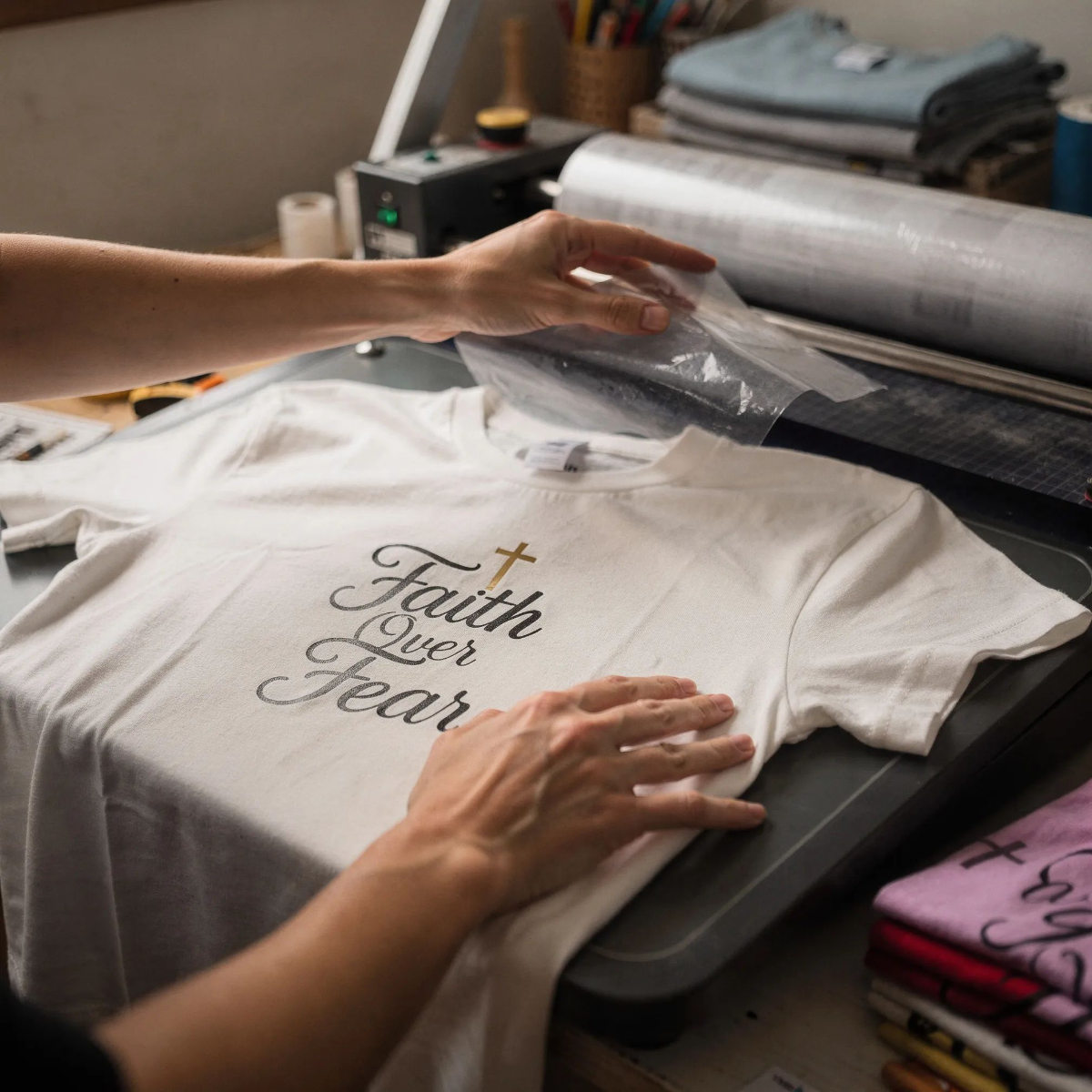 A person applies a heat transfer decal onto a white T-shirt that reads 'Faith Over Fear' with a cross above the text, in a workspace with fabric and printing equipment.