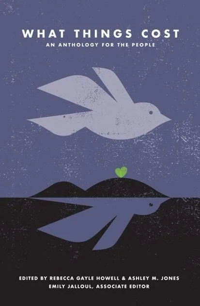 "What Things Cost" anthology cover with purple background, a dove, and green heart