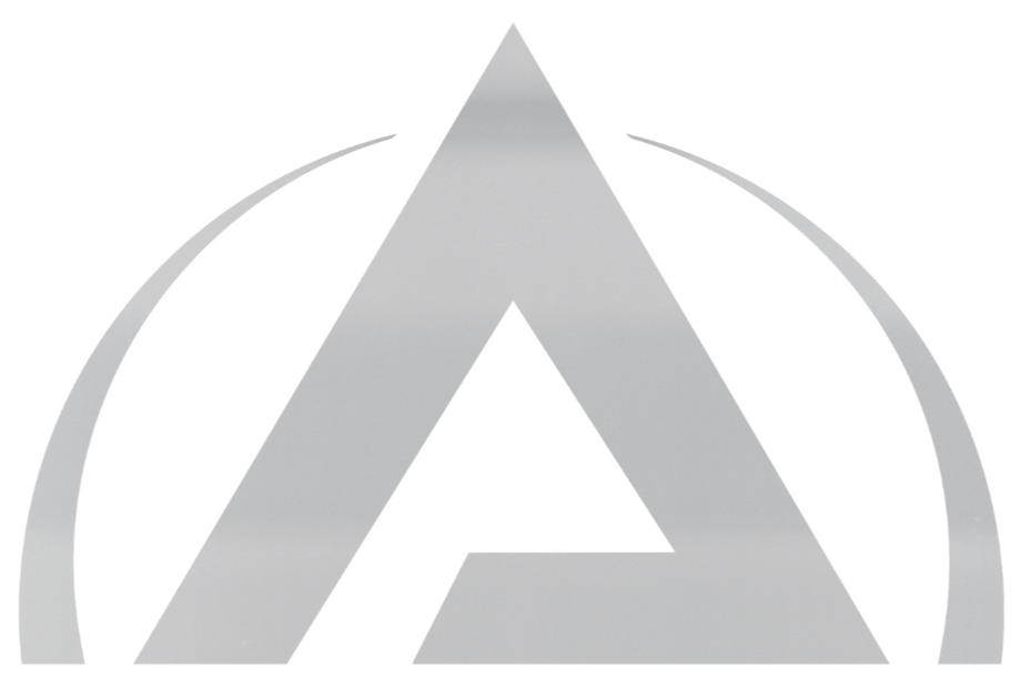 Silver and black geometric logo with a triangle and circle design.