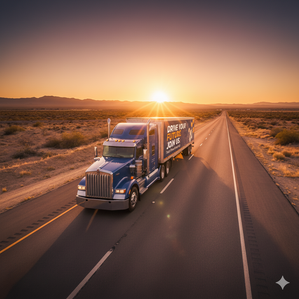 A large blue semi-truck driving down a straight open road in a desert landscape at sunset, with a sign on the truck reading 'Drive Your Future Join Us.'