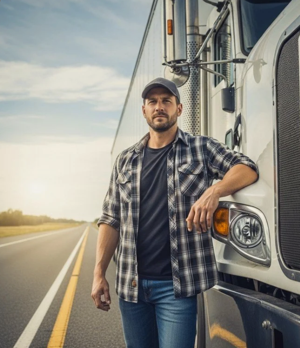 A man leaning against a large white semi-truck on an empty road with open fields and a cloudy sky in the background.