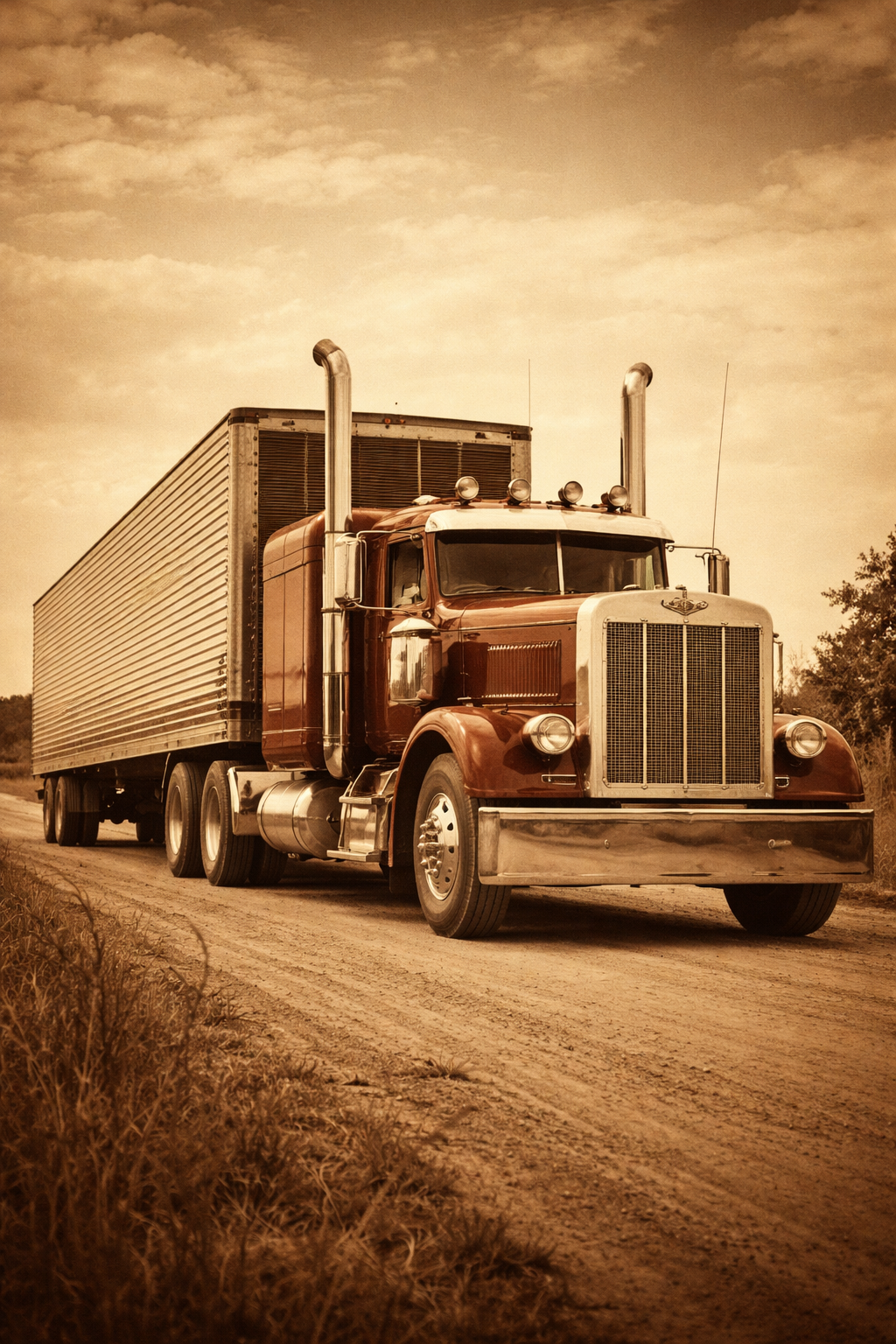 A vintage red semi-truck with a large front grille and tall exhaust pipes driving on a dirt road under a cloudy sky.