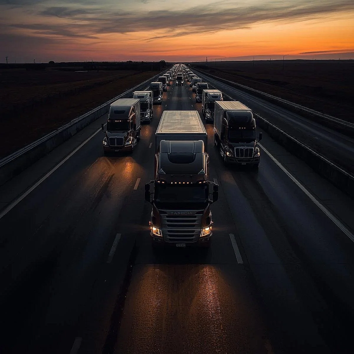 Line of trucks driving on a highway during sunset, with darkening sky and orange hues.