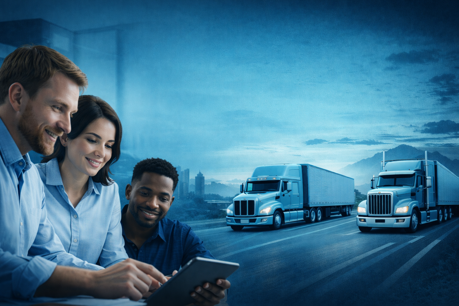 Three people looking at a tablet with trucks on the highway and a city skyline in the background.