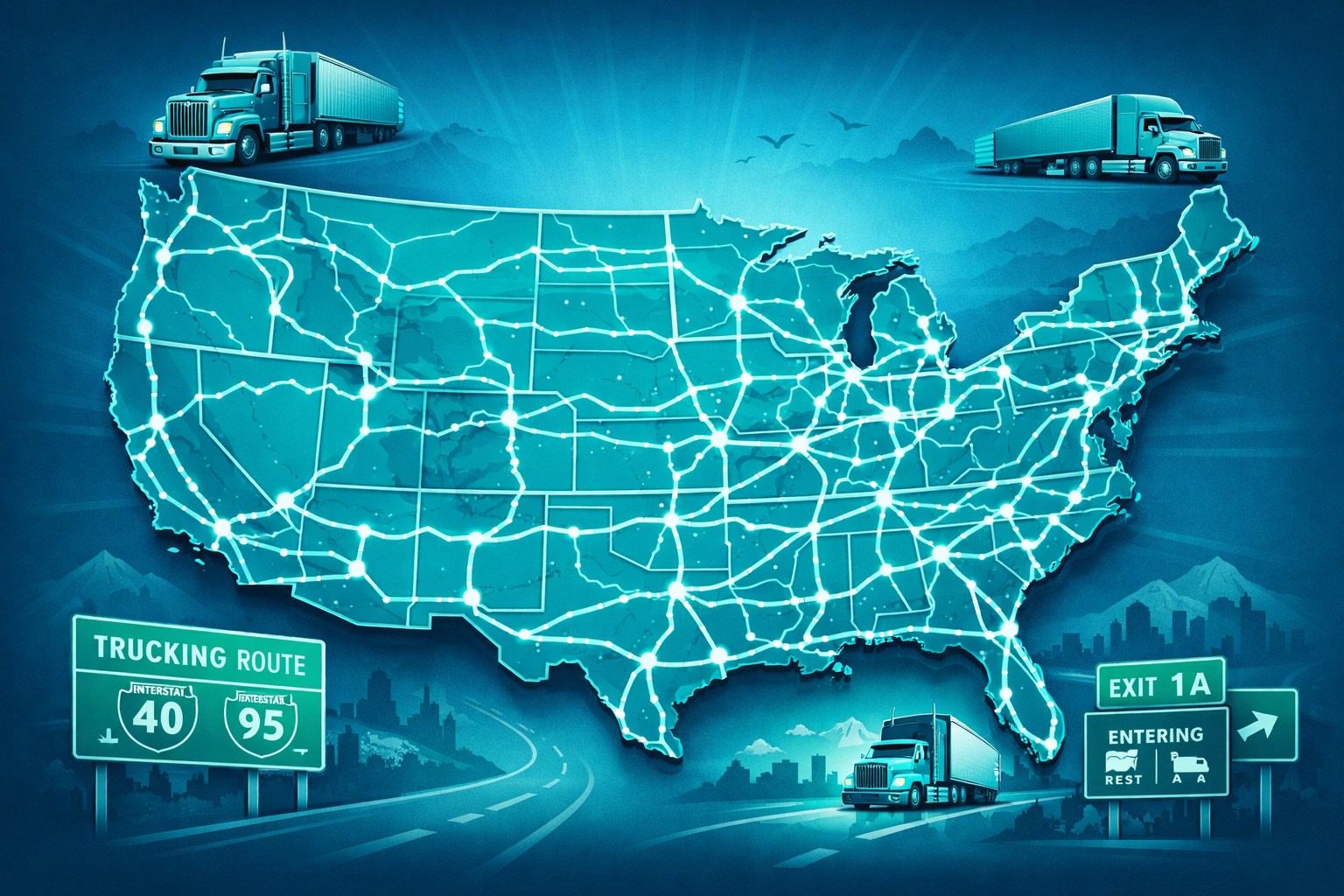 A digital graphic of the United States map with illuminated lines connecting various cities, representing a trucking network. Two semi-trucks are shown, one at the top and one at the bottom, along with highway signs indicating interstates 40 and 95, and an exit sign for entering.