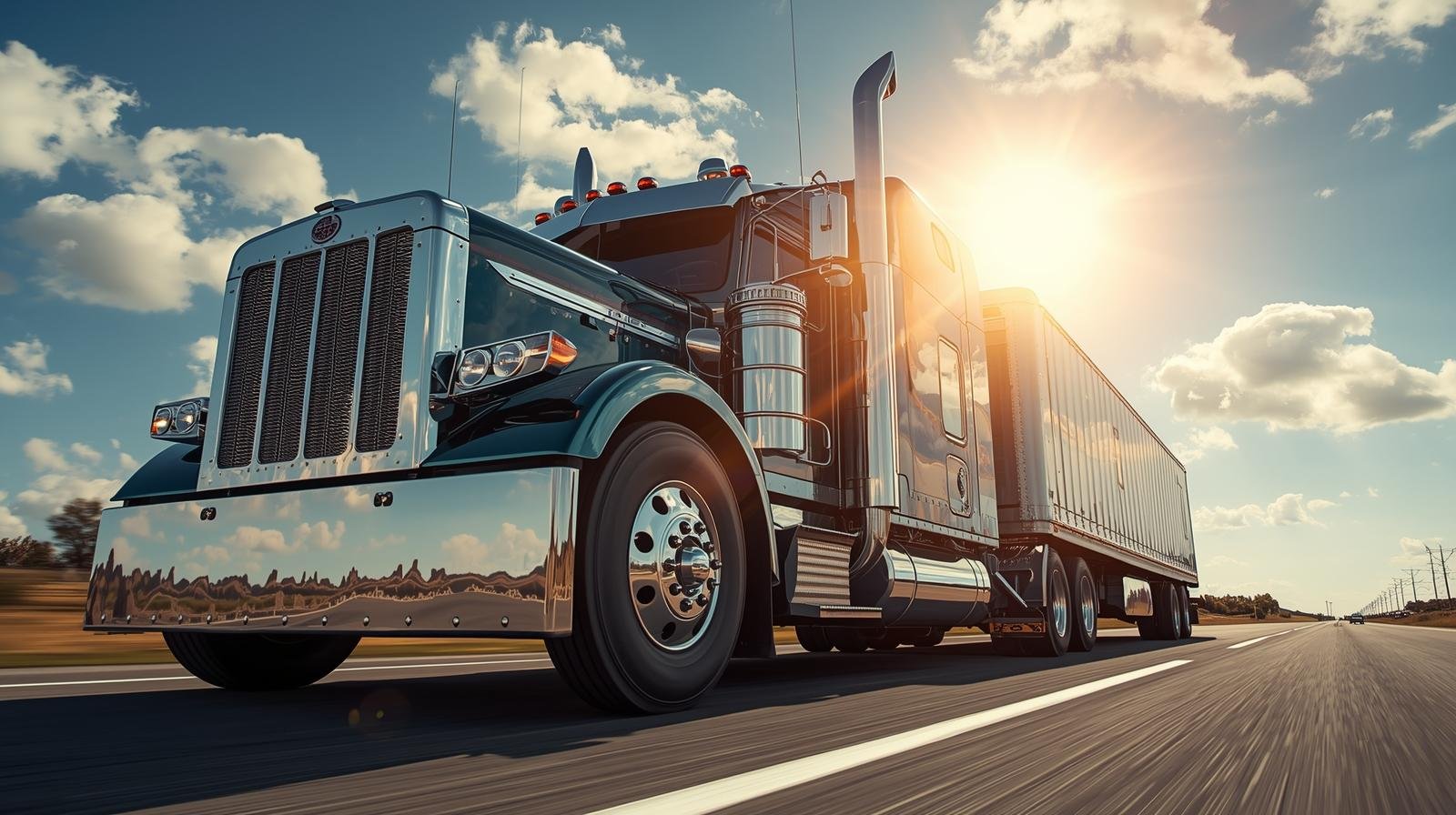 A shiny black semi-truck driving on an open highway during sunset with a partly cloudy sky.