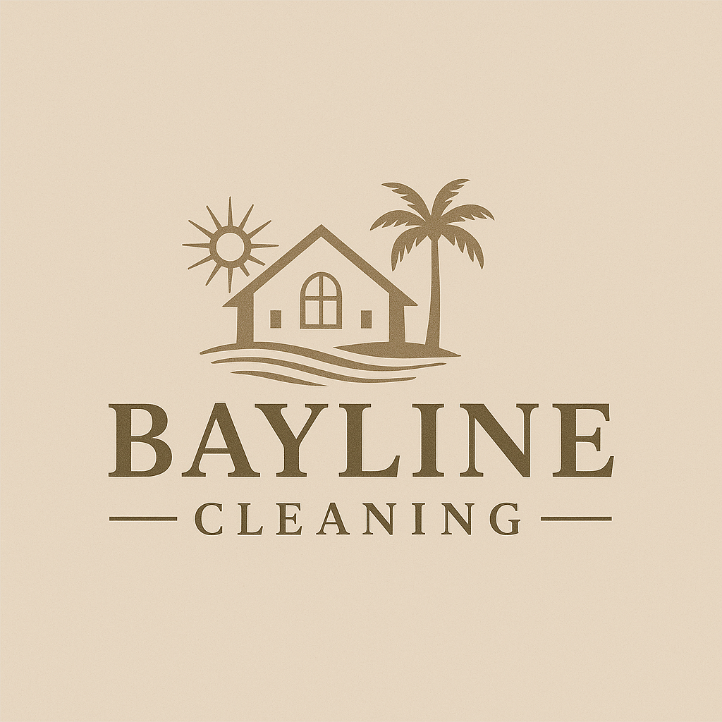 Logo for Bayline Cleaning featuring a house, sun, and palm trees.