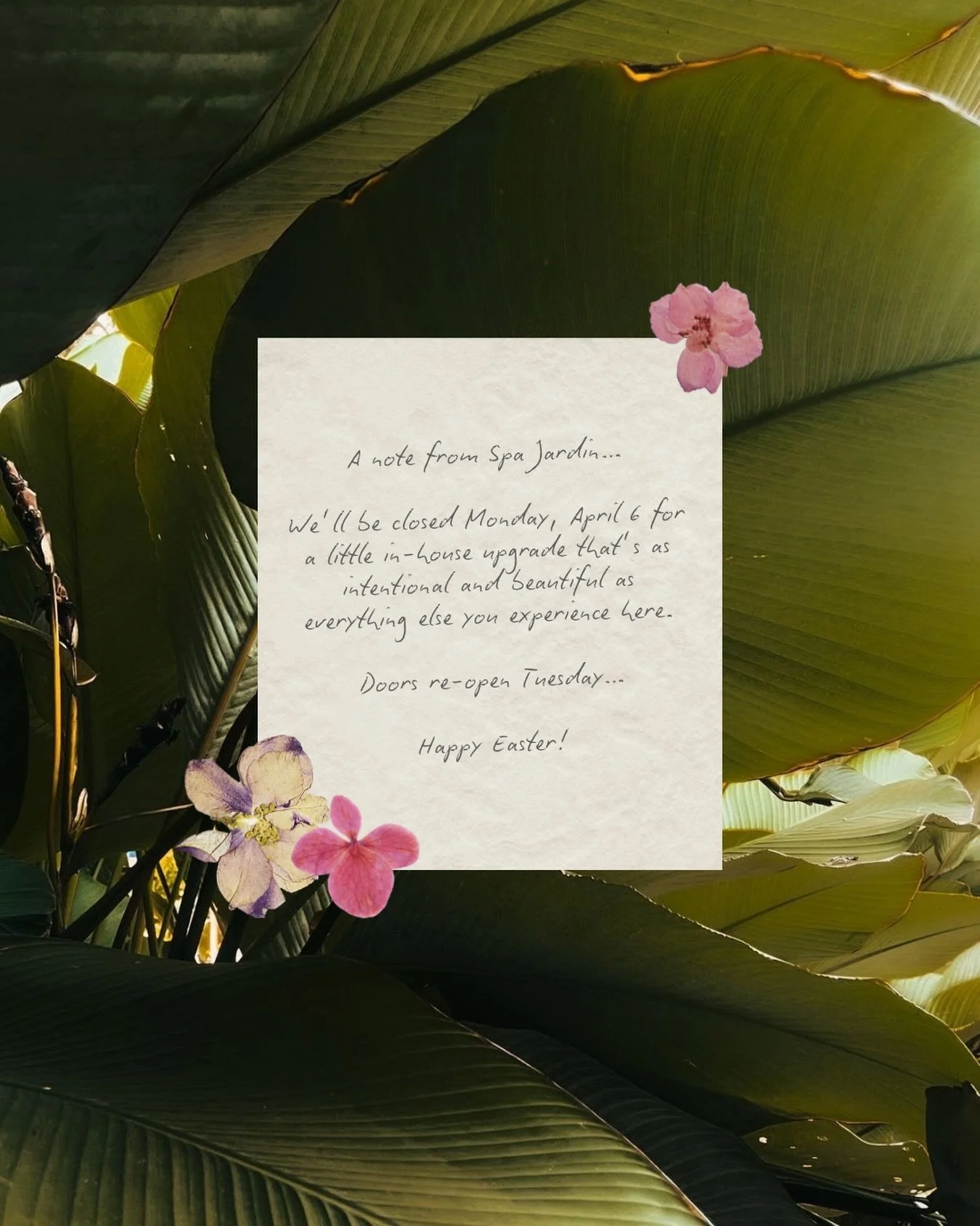 We are going to be closed on Monday, April 6th for a special in-spa update we cannot wait for you to see.

We will be back on Tuesday with a fresh new detail you&rsquo;ll notice the second you walk in!

Happy Easter weekend from all of us at Spa Jard