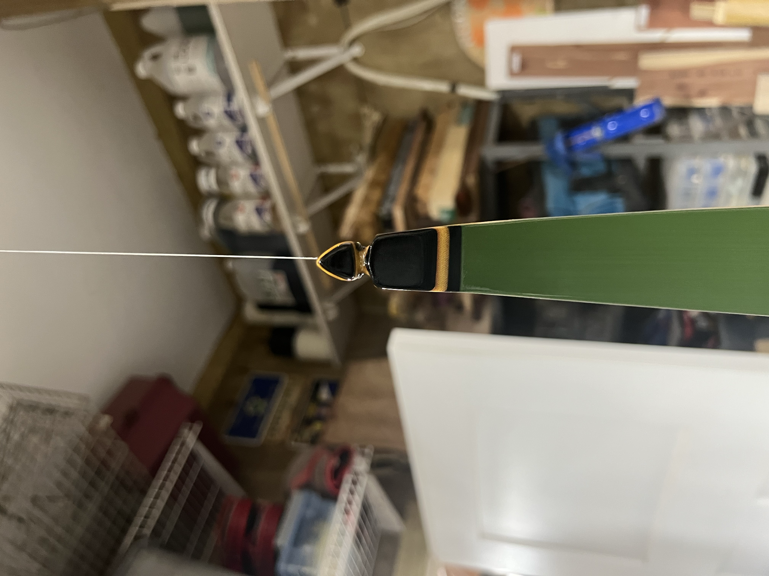 Close-up of a fish fishing line with a yellow and black lure, in a room with shelves holding cleaning supplies and other miscellaneous items.