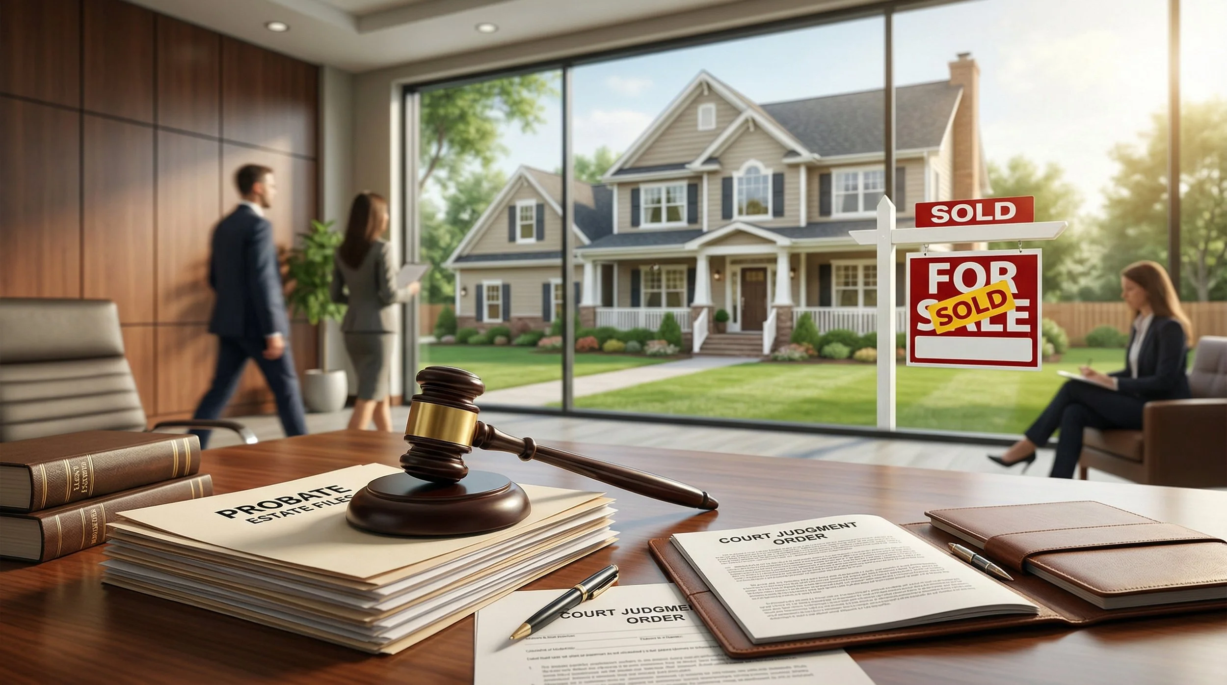 Probate Real Estate Services Page Image of a gavel and legal probate document and a house with a for sale - Anita Cordell and the Yellow Brick Group - Top Probate Realtor and Real Estate Agent in Kansas City Area