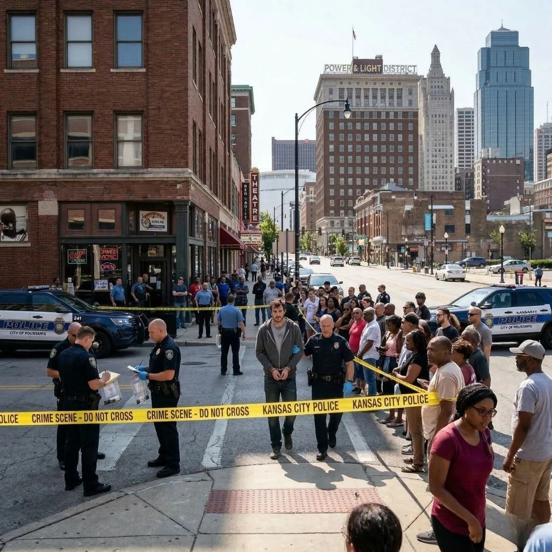 image of a kansas city downtown area with crime scene tape up and people watching and a criminal being walked off in handcuffs - is kansas city a safe place to live
