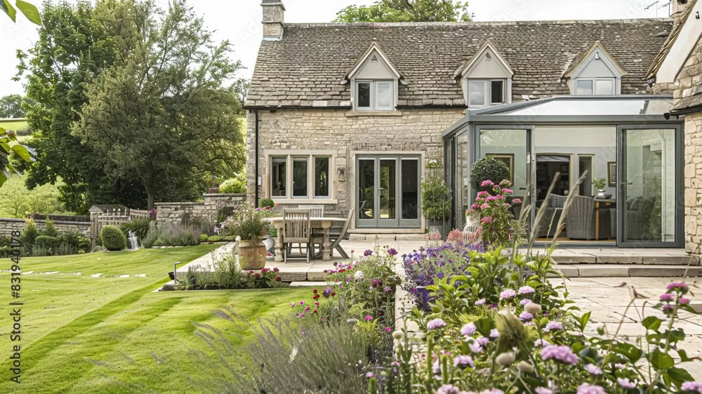 A stone house with a slate roof and multiple small dormer windows, attached to a modern glass-enclosed extension, surrounded by a well-maintained garden with colorful flowers and outdoor furniture.
