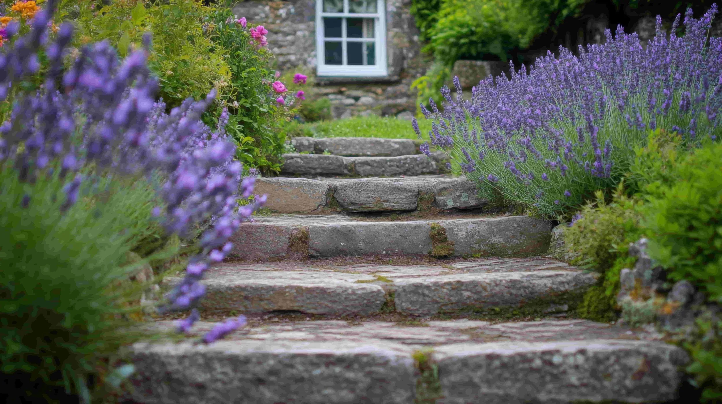 Stone steps leading up a garden with purple and pink flowers on both sides, and a house with a small window visible at the top.
