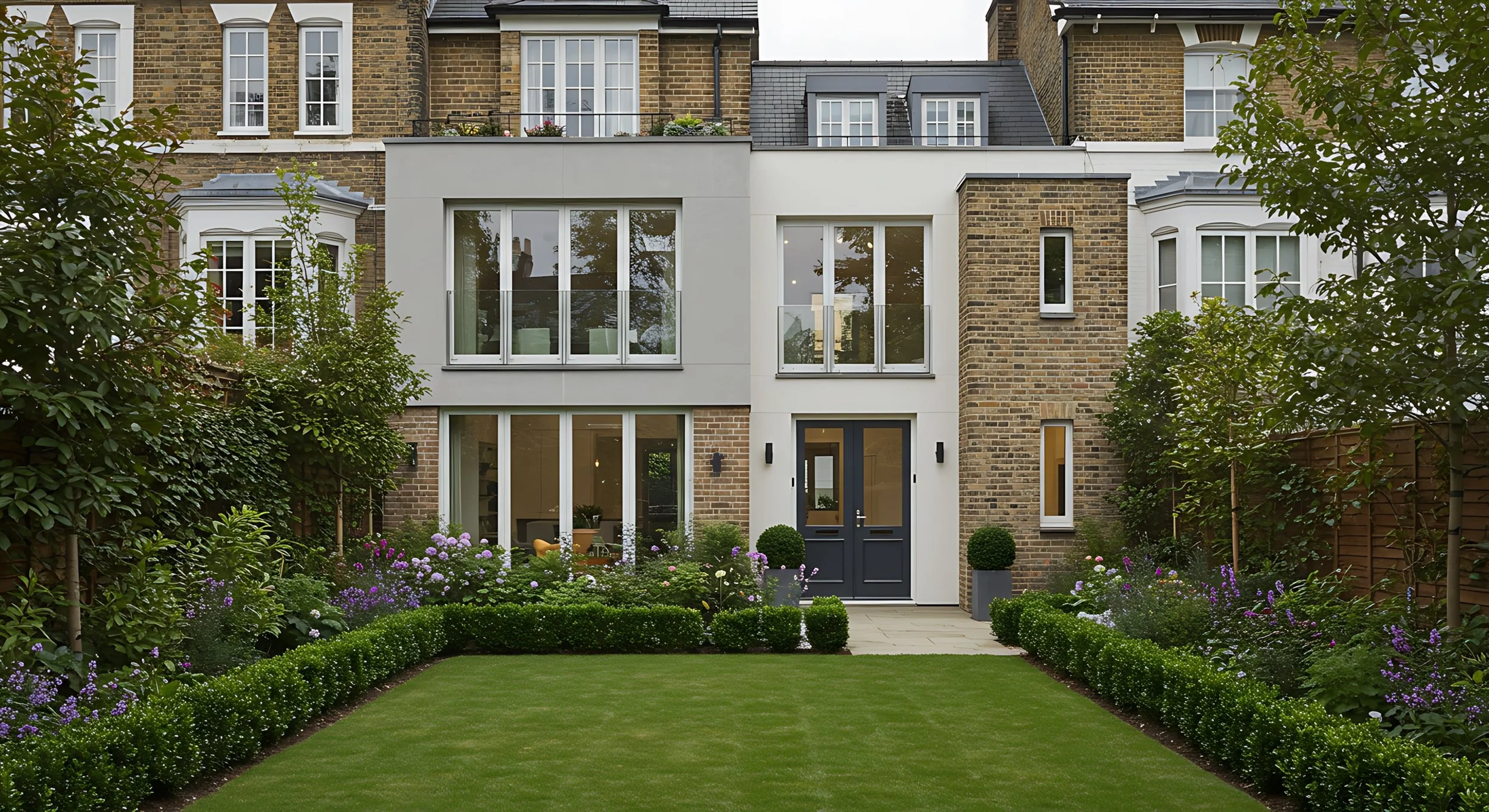 Front view of a modern townhouse with a patio, well-maintained garden, lush green lawn, flowering plants, and trees on either side.