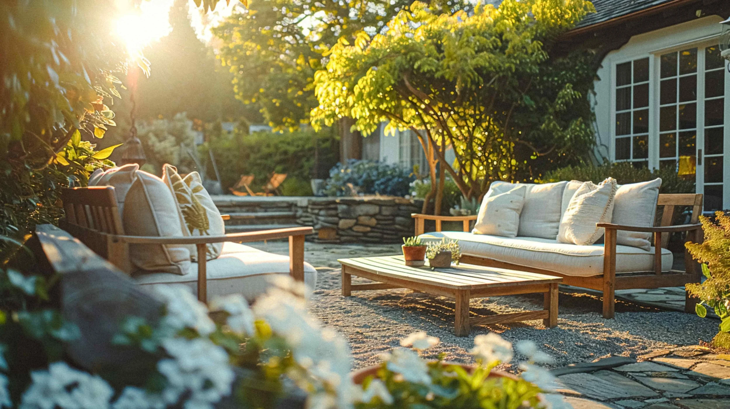Timber garden lounge furniture in a country setting