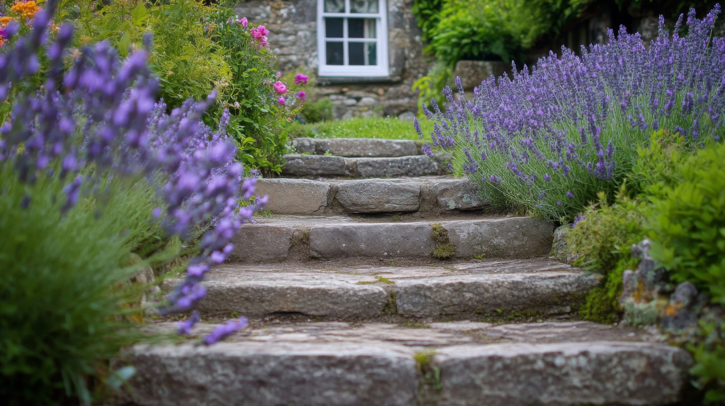 Stone steps leading up to a house with a white window, surrounded by lush green plants and purple lavender flowers.
