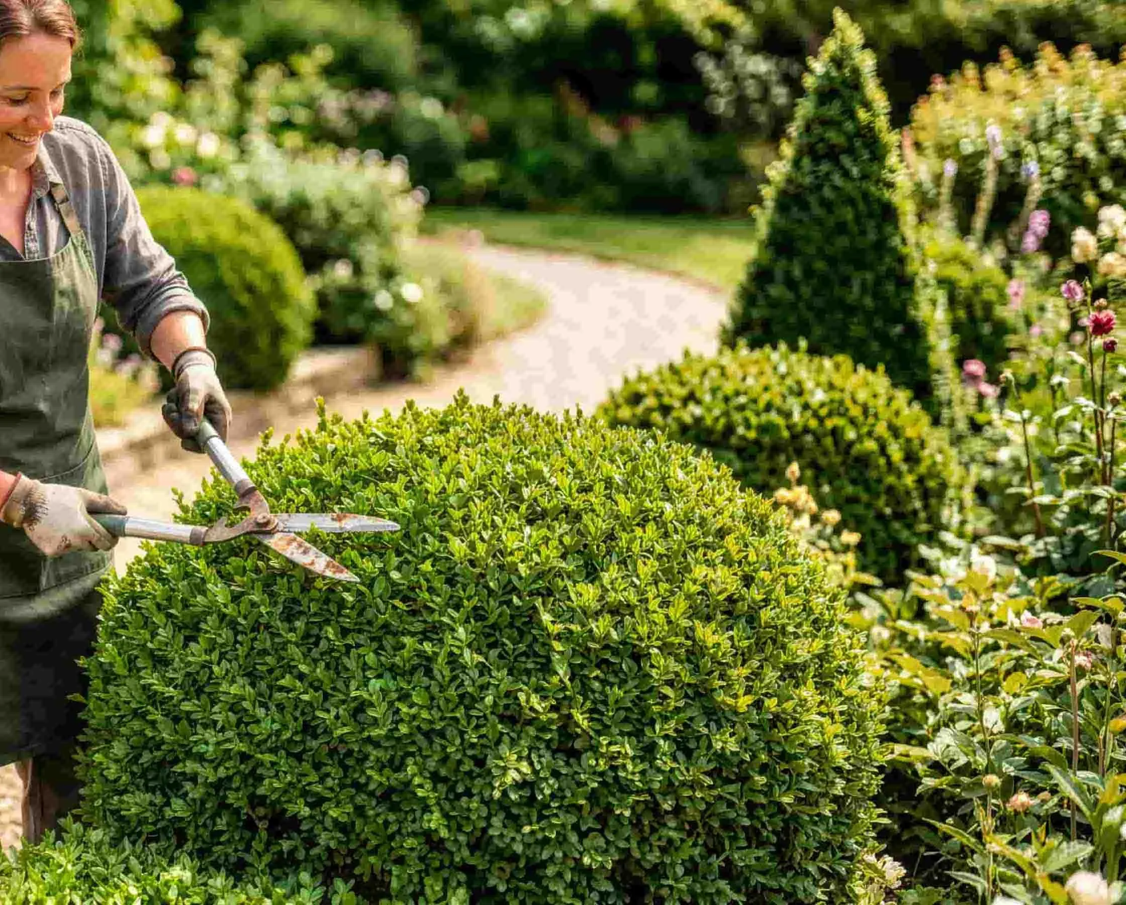 Topiary domes and cone in garden