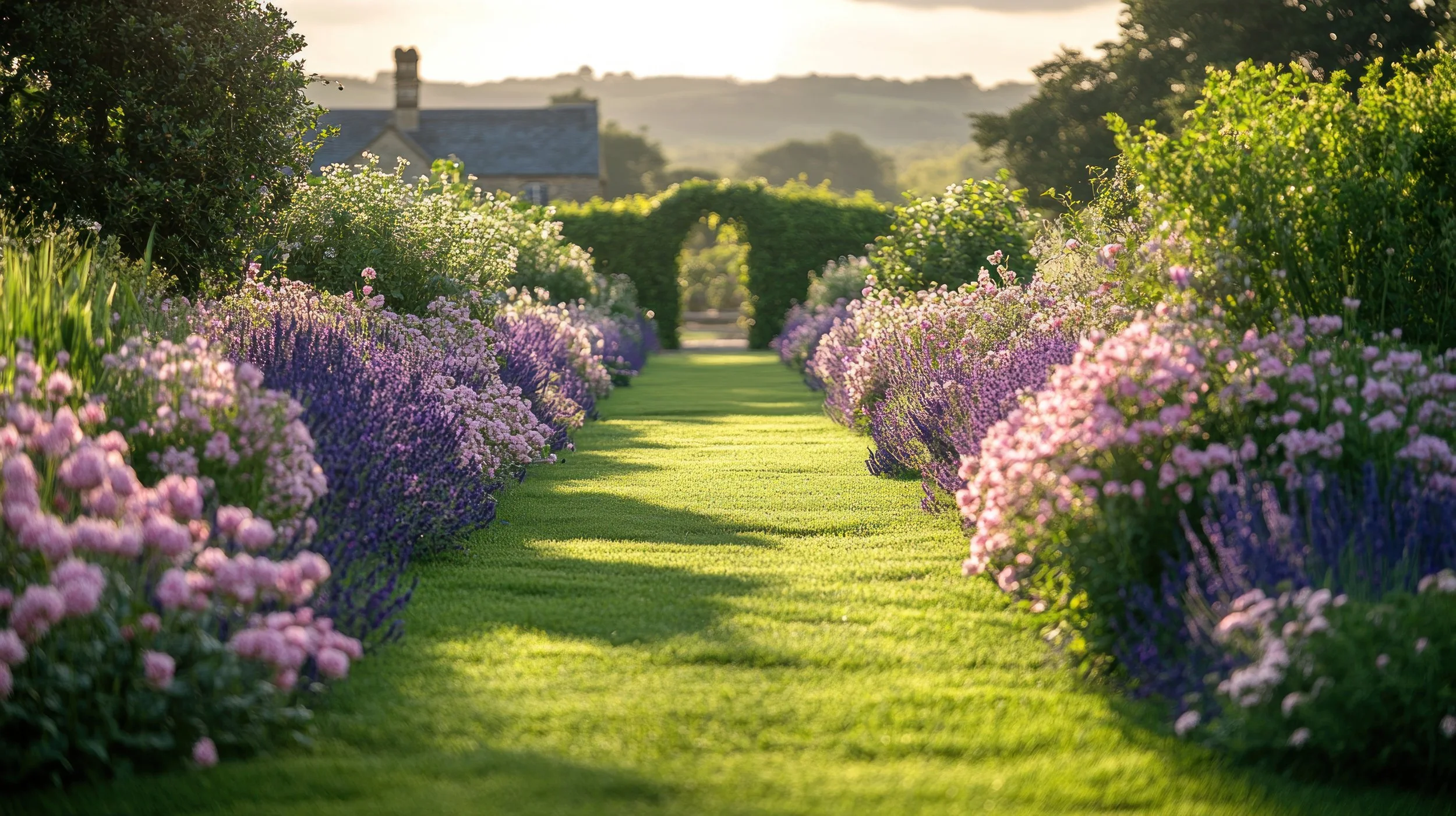 A garden path lined with pink and purple flowers on both sides, leading to a distant house with a chimney, under late afternoon sunlight.