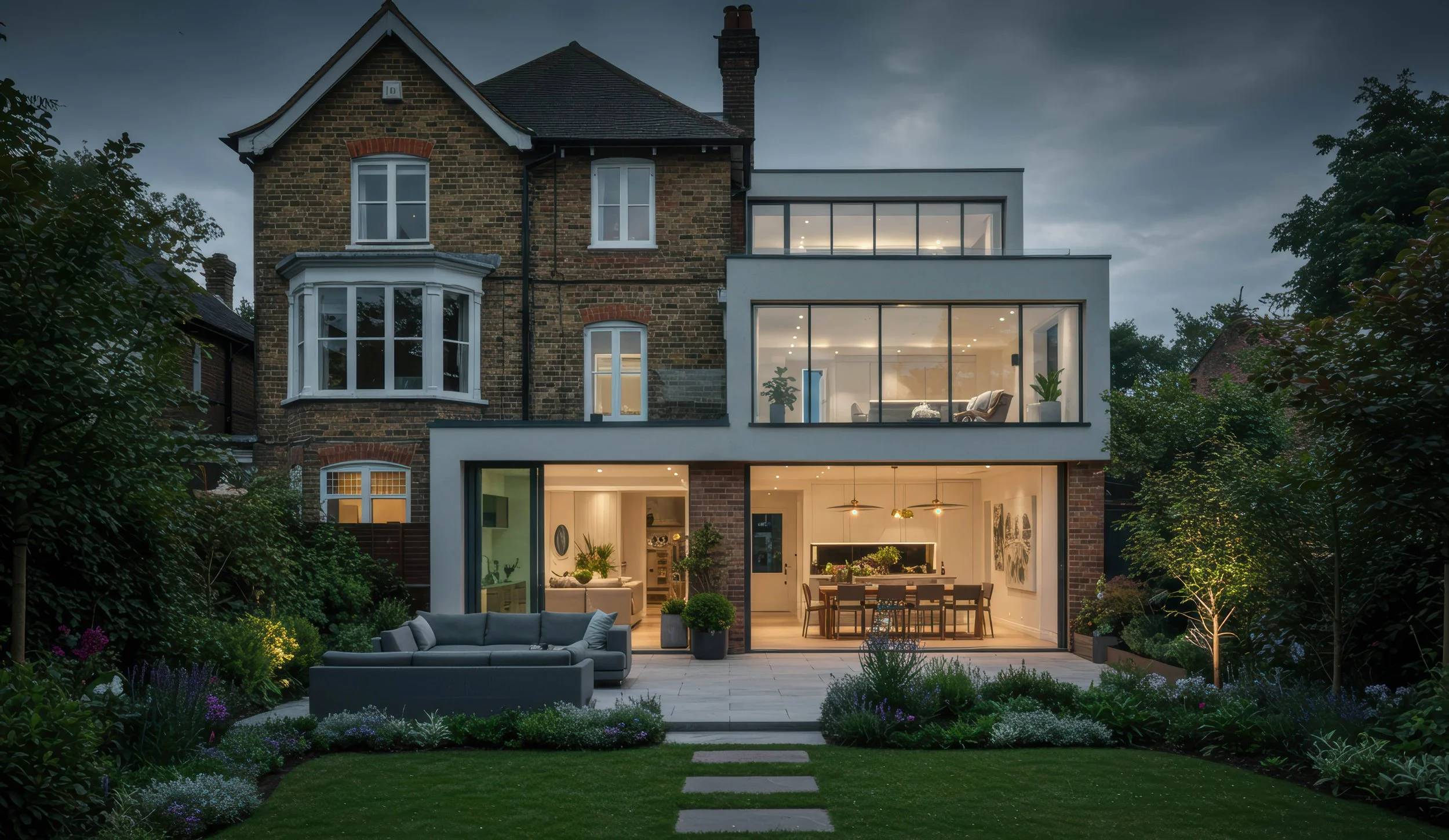 Modern extension on traditional brick house, evening view, with large glass windows, patio with outdoor seating, garden with greenery and flowers.