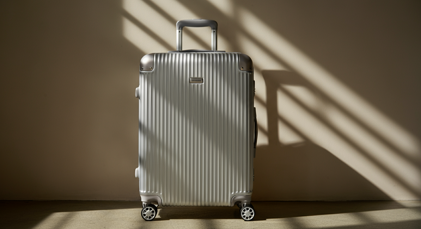 Silver hard-shell suitcase with a retractable handle and four wheels, standing upright on a beige floor against a beige wall, with shadows cast by window blinds.