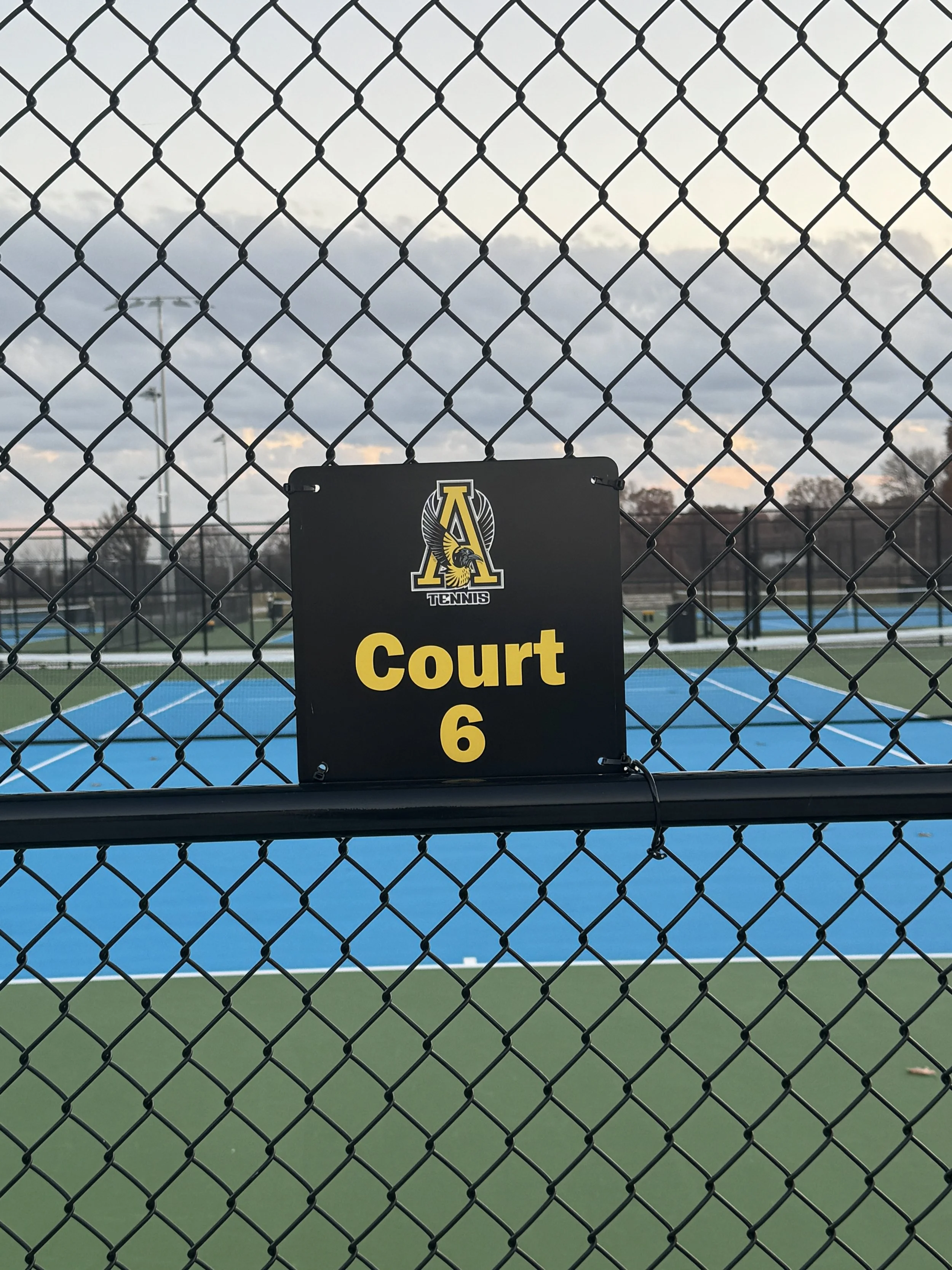 Tennis court 6 sign on a chain-link fence at an outdoor tennis facility, with blue court surface and overcast sky in the background.