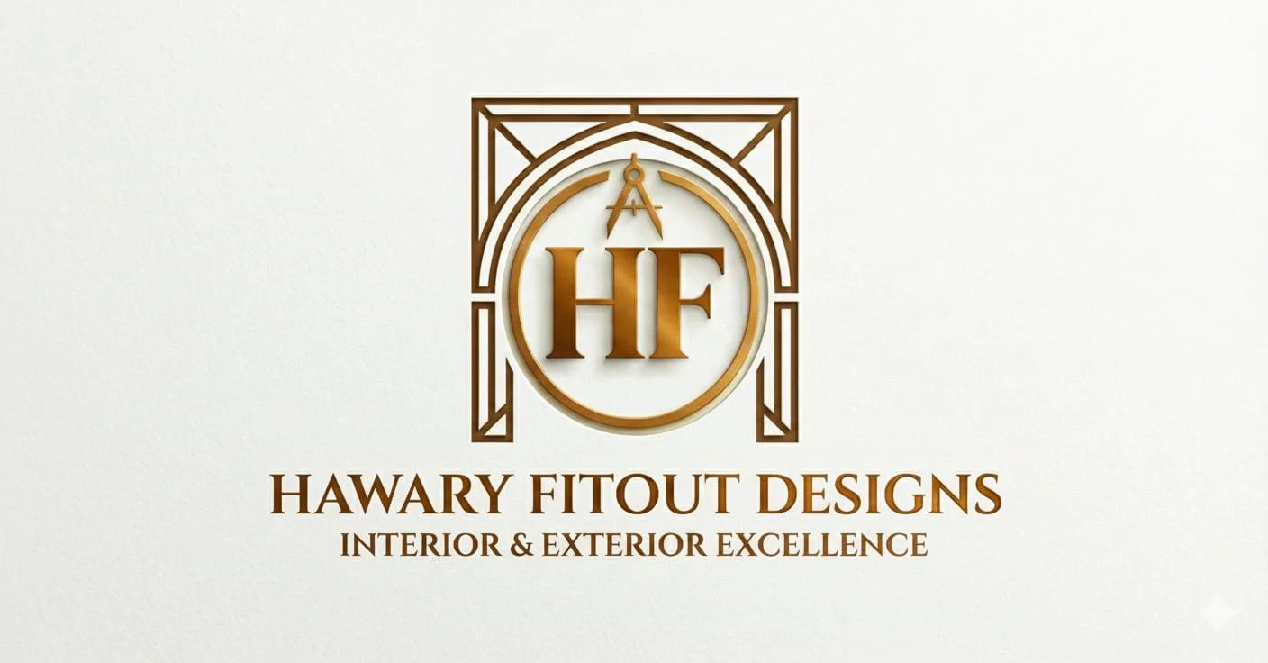 Logo for Hawary Fitout Designs, featuring gold initials 'HF' within a decorative frame, with the tagline 'Interior & Exterior Excellence'.