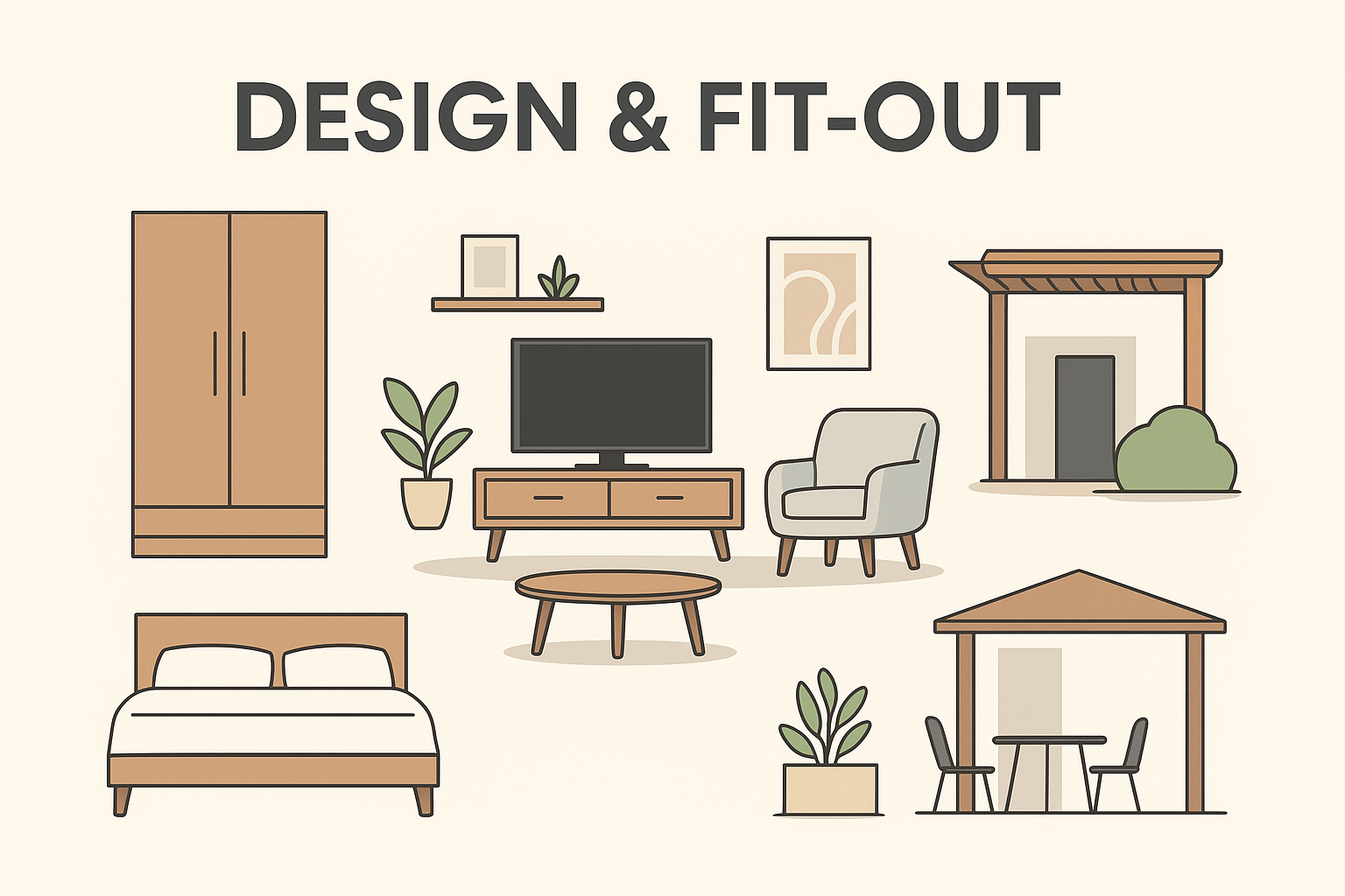 Illustration of living room furniture and decor with the title 'Design & Fit-Out' at the top, including a wardrobe, TV on a stand, armchair, fireplace, bed, indoor plants, pictures, and a dining table set.