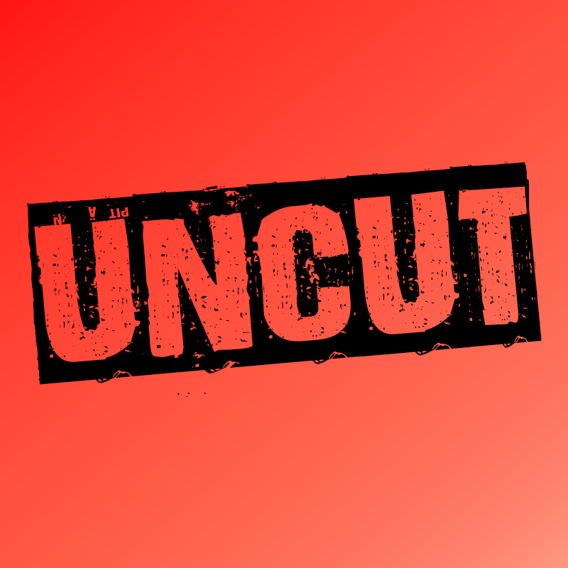 Bold red background with black and red 'UNCUT' stamp-style text.