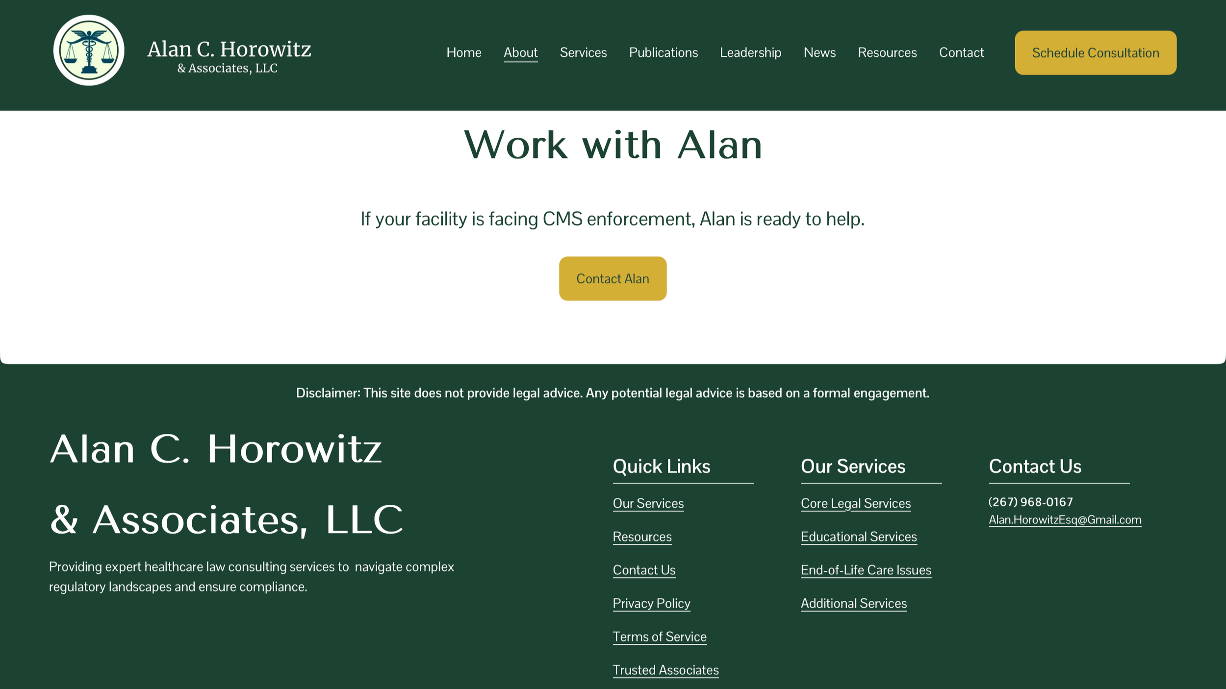 Homepage of Alan C. Horowitz & Associates, LLC website with a green and white color scheme, a logo with scales and a caduceus, navigation menu at the top, a yellow 'Schedule Consultation' button, and sections about services, resources, and contact in