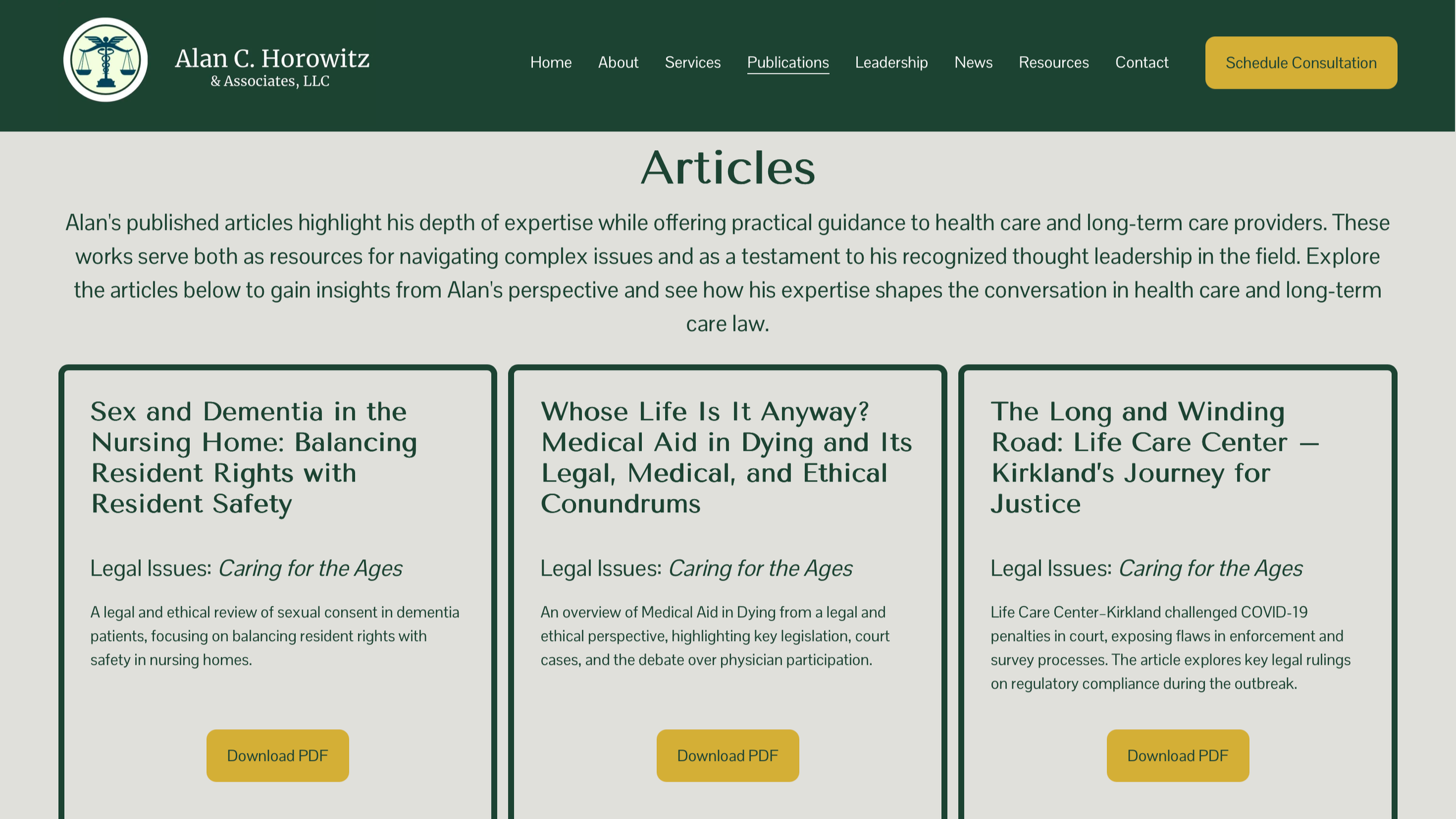 Website homepage of Alan C. Horowitz & Associates, LLC featuring articles on healthcare law, with sections titled 'Sex and Dementia in the Nursing Home,' 'Whose Life Is It Anyway?' and 'The Long and Winding Road,' each with a 'Download PDF' button.