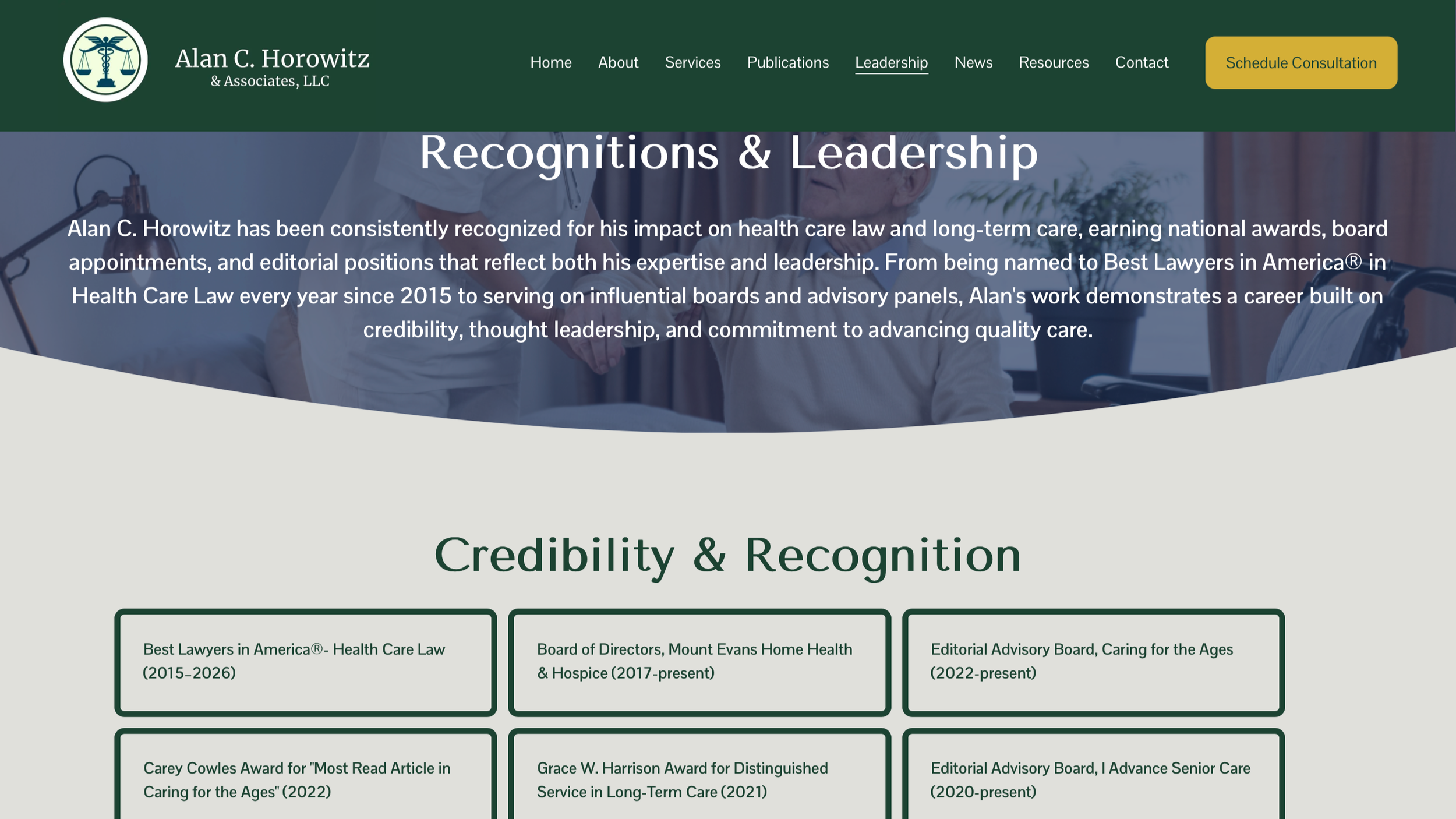 Screenshot of Alan C. Horowitz & Associates, LLC website page titled "Recognitions & Leadership," featuring a green header with the company logo and navigation menu. The main section highlights Alan C. Horowitz's recognitions, awards, and leadership 