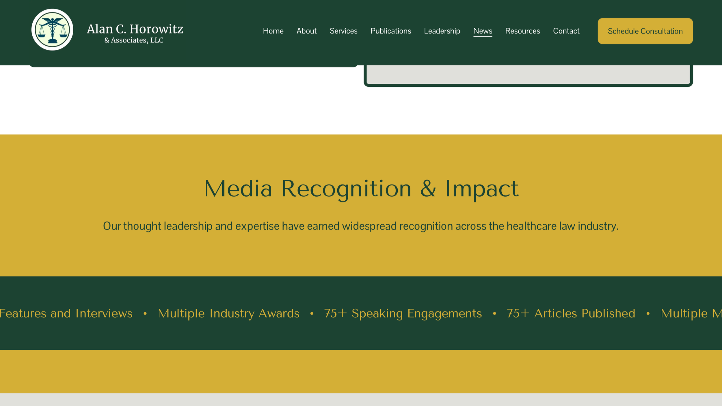 A webpage screenshot for Alan C. Horowitz & Associates LLC, featuring a dark green header with a logo, navigation menu, and a yellow 'Schedule Consultation' button. Below is a gold-colored section titled 'Media Recognition & Impact' with text about t