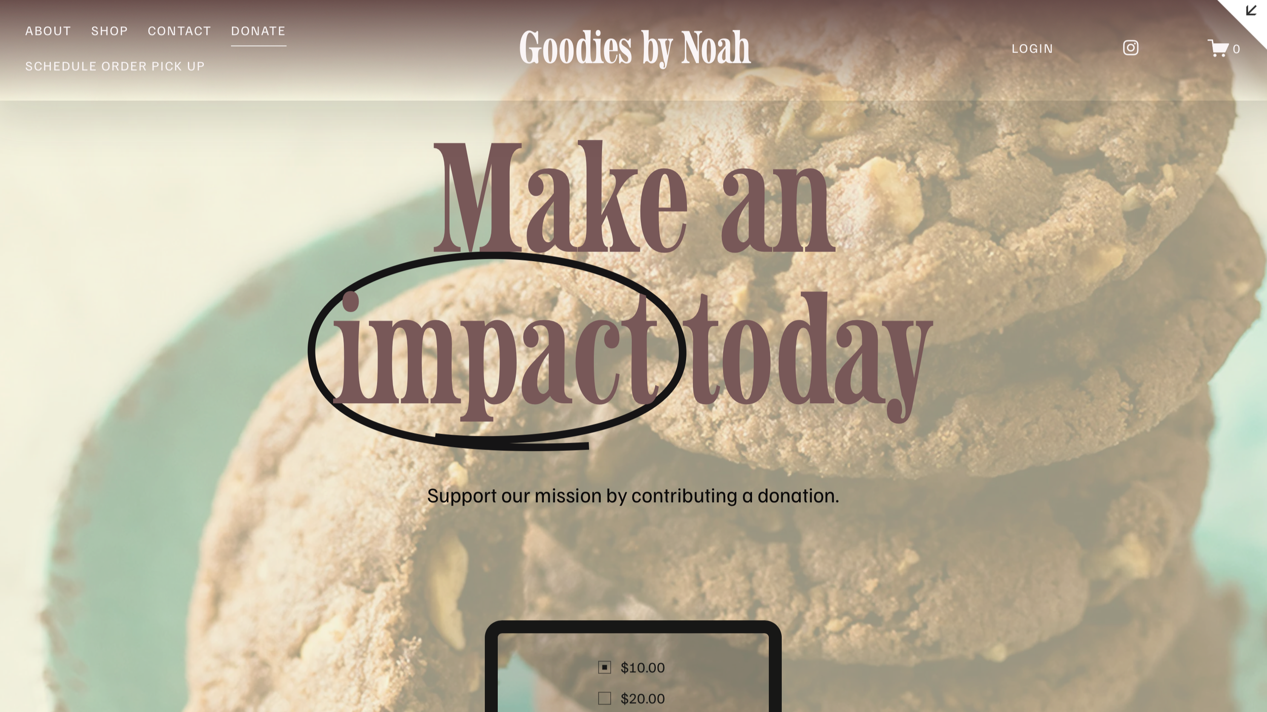 Close-up of a stack of cookies on a website titled "Goodies by Noah."