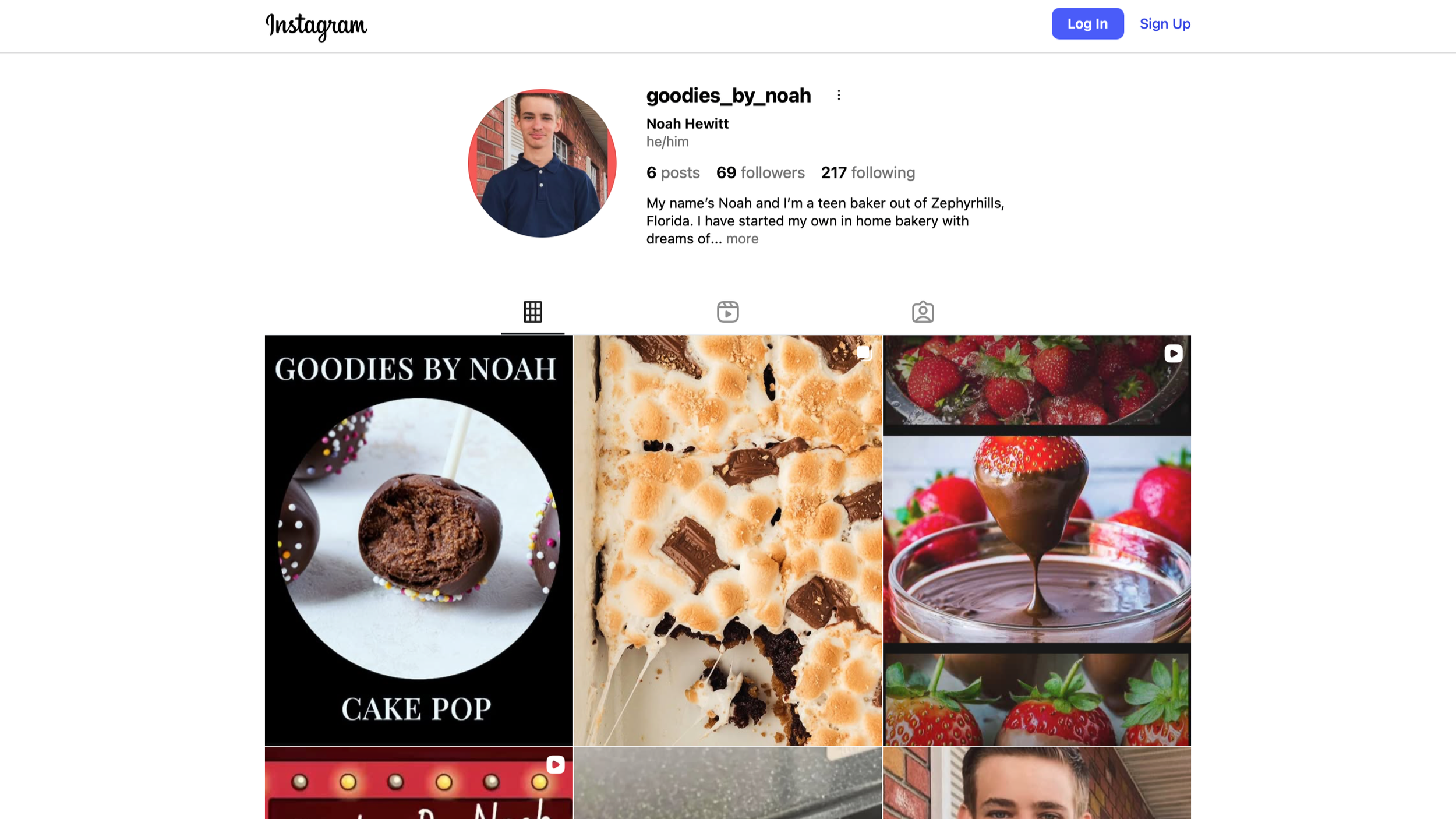 Instagram profile page of 'goodies_by_noah' featuring Noah Hewitt, a teen baker. The page showcases dessert images, including cake pops, a layered chocolate dessert, strawberries, and a baking scene.