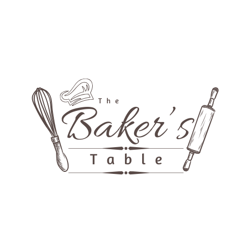 Logo for 'The Baker's Table' with a whisk, a chef's hat, and a rolling pin