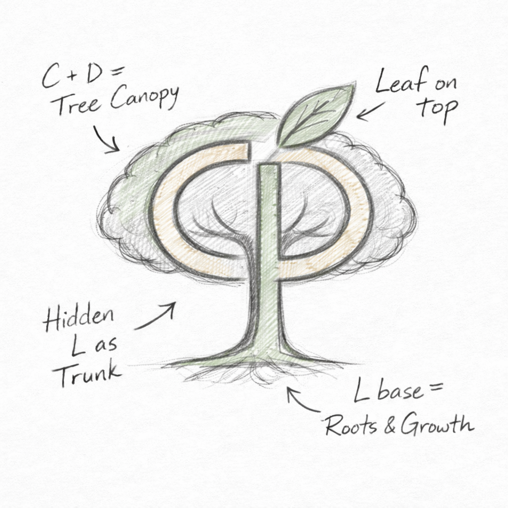 Hand-drawn diagram of a tree with labeled parts: trunk, roots, base, leaf on top, and a canopy with addition sign. The trunk is labeled as 'L=Hidden as Trunk,' the base as 'Roots & Growth,' the canopy with 'C + D =' notation, and the leaf on top.