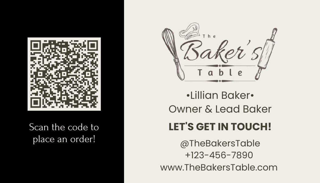 Business card for The Baker's Table, featuring a QR code, with contact info for Lillian Baker, owner and lead baker, including social media handle @TheBakersTable, phone number +123-456-7890, and website www.TheBakersTable.com.