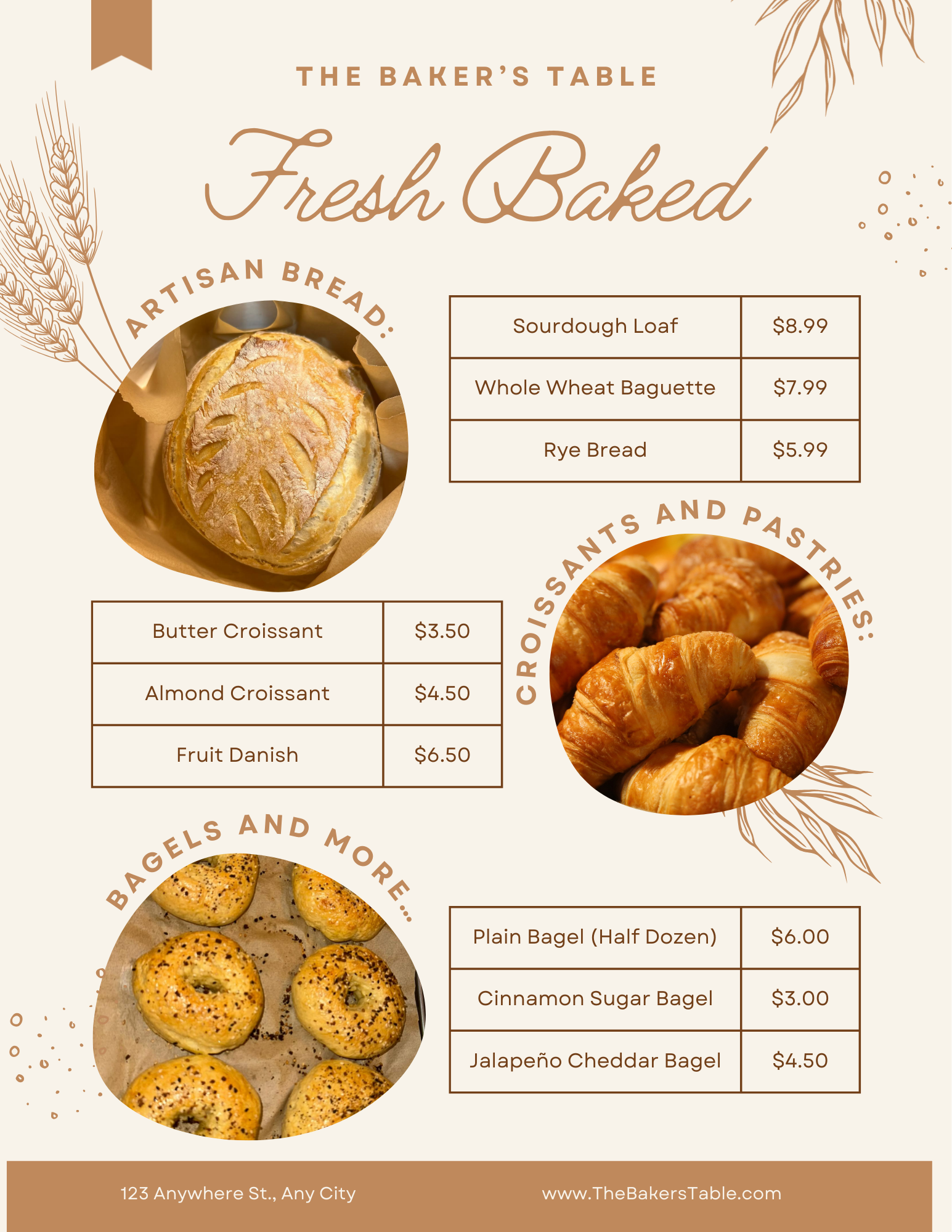 Menu from The Baker's Table featuring fresh baked artisan bread, croissants and pastries, and bagels and more, with images of a bread loaf, croissants, and bagels.