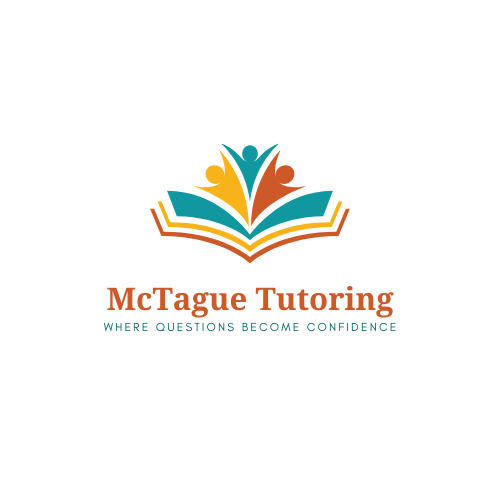 Logo for McTague Tutoring featuring an open book with stylized human figures above it and the tagline 'Where Questions Become Confidence'.