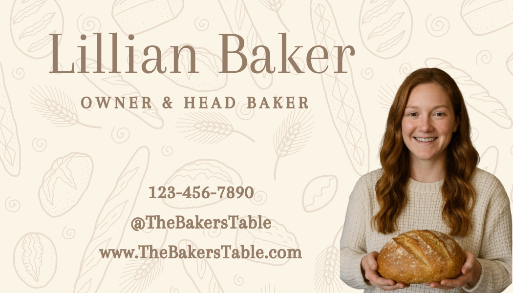 Business card for Lilian Baker, owner and head baker, with contact details and a photo of her holding a loaf of bread.