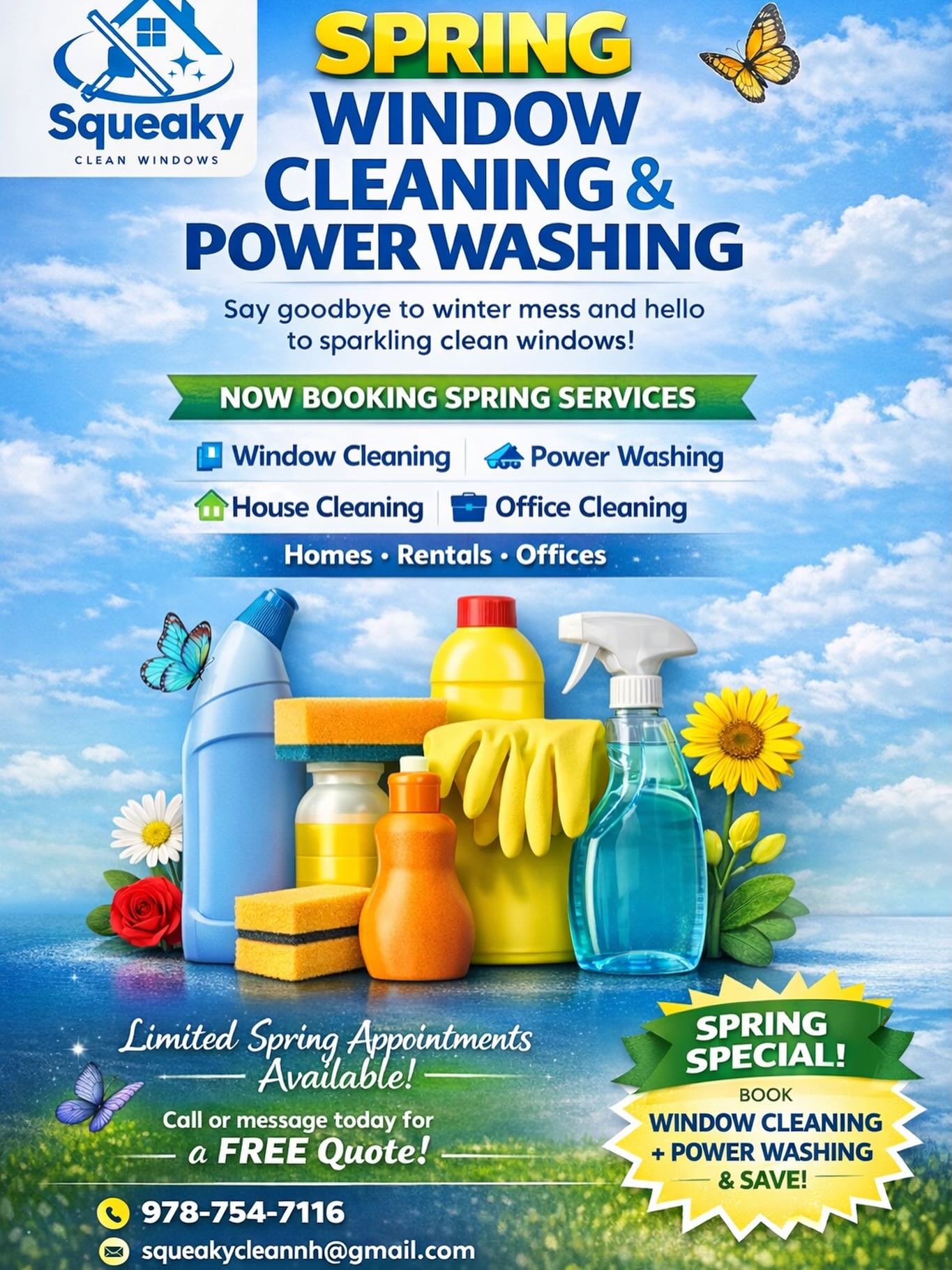 🌸 SPRING CLEANING IS HERE 🌸

Say goodbye to winter mess and hello to sparkling clean windows &amp; fresh spaces!

We&rsquo;re now booking:

🪟 Window Cleaning
💦 Power Washing
🏡 House Cleaning
🏢 Office Cleaning
📦 Move-In / Move-Out Cleans

✨ Spr