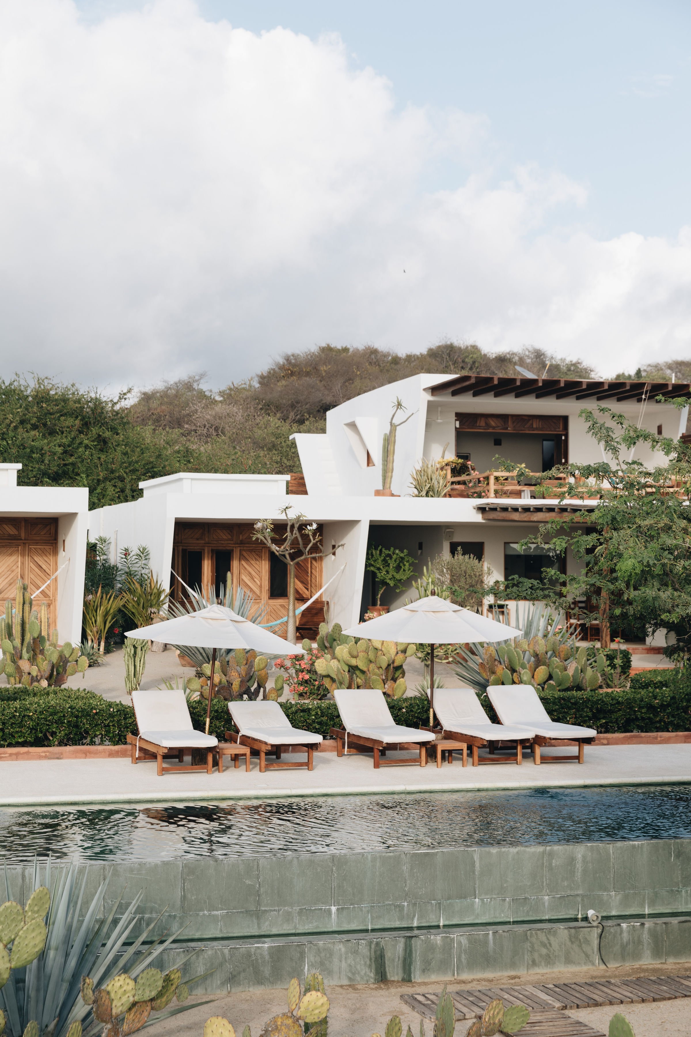 Casa moderna con áreas al aire libre, sombrillas, tumbonas junto a una piscina, rodeada de cactus y vegetación, en un ambiente soleado.