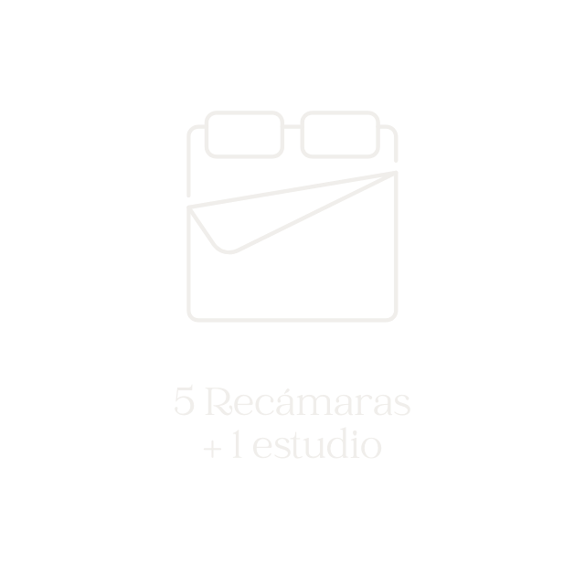 Ilustración de una habitación con cama y gafas, indicando cinco recámaras y un estudio, sobre fondo negro.
