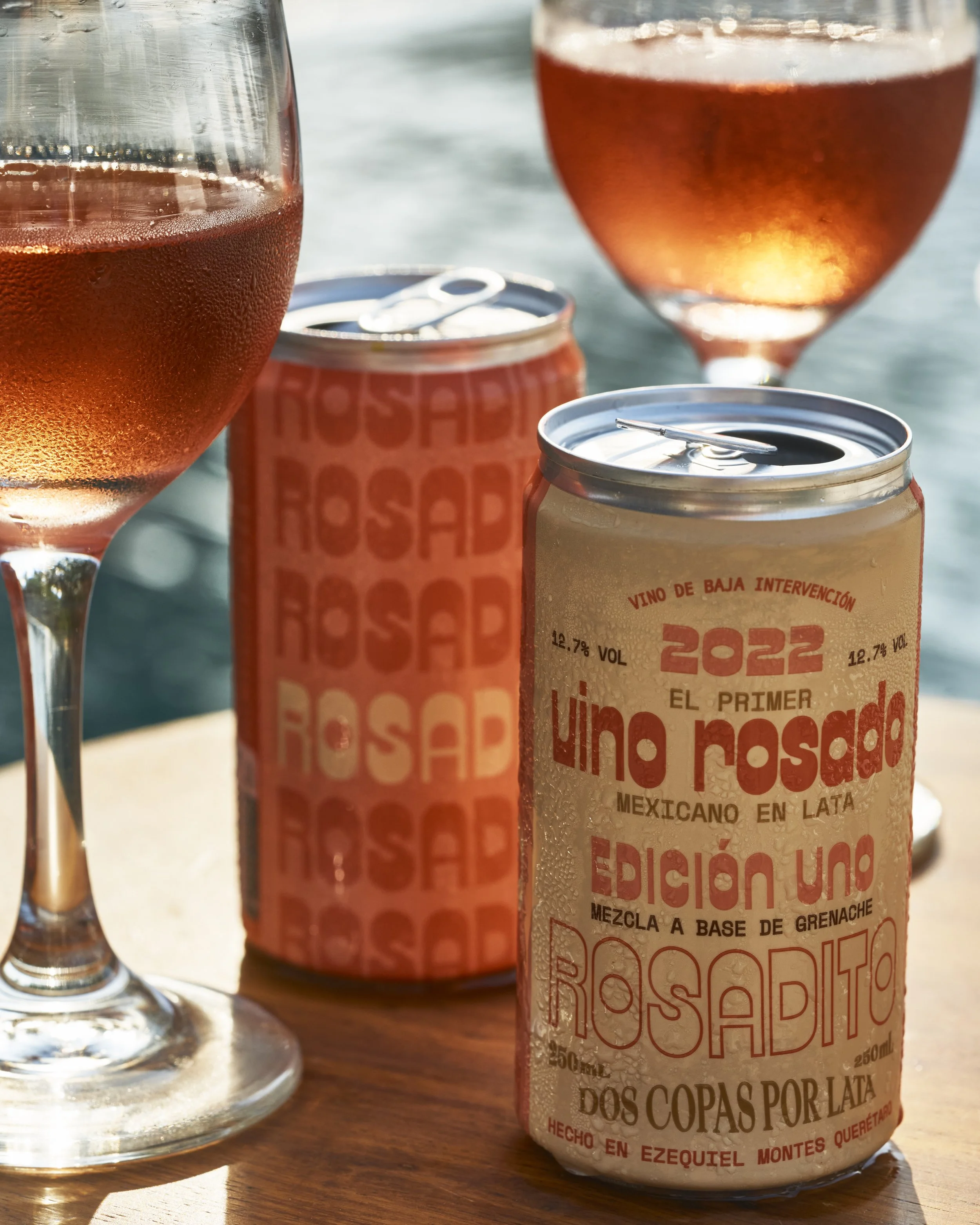 Latas de vino rosado y dos copas de vino rosado en un entorno al aire libre junto a agua.