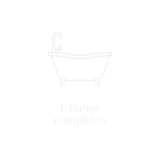 Cuadro con un recipiente de baño, grifo y patas, y el texto "6 Baños completos".