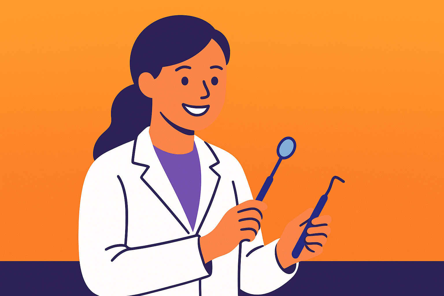 Illustration of a female doctor in a white coat holding a tongue depressor and a syringe, smiling against an orange background.