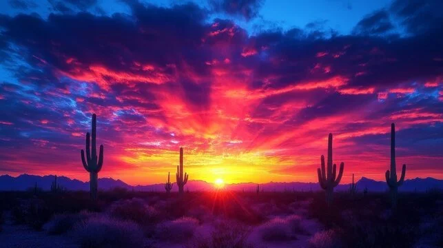 Desert landscape at sunset with five saguaro cacti and vibrant pink, purple, blue, and orange skies.