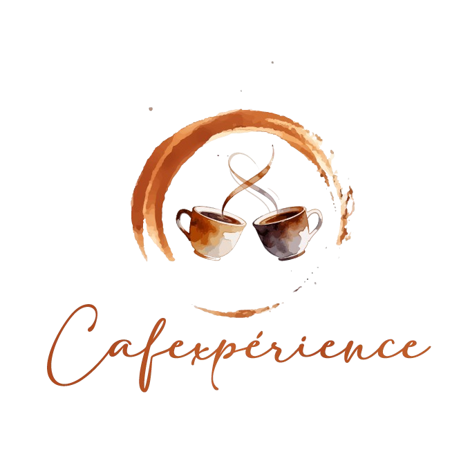 Tasse à café dans un cercle doré, avec le texte 'Coffeerie' écrit en dessous.