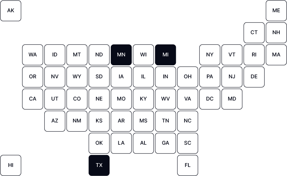 A map graphic of the United States where MN, MI, and TX are colored in to indicate active initiatives