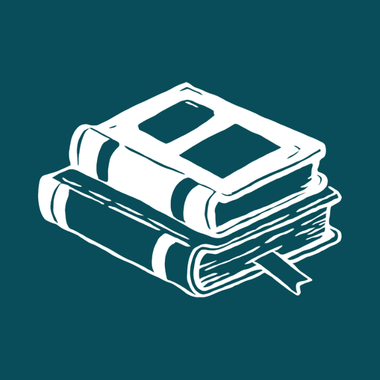 Stack of three books with one open on top, drawn in white on a dark background.